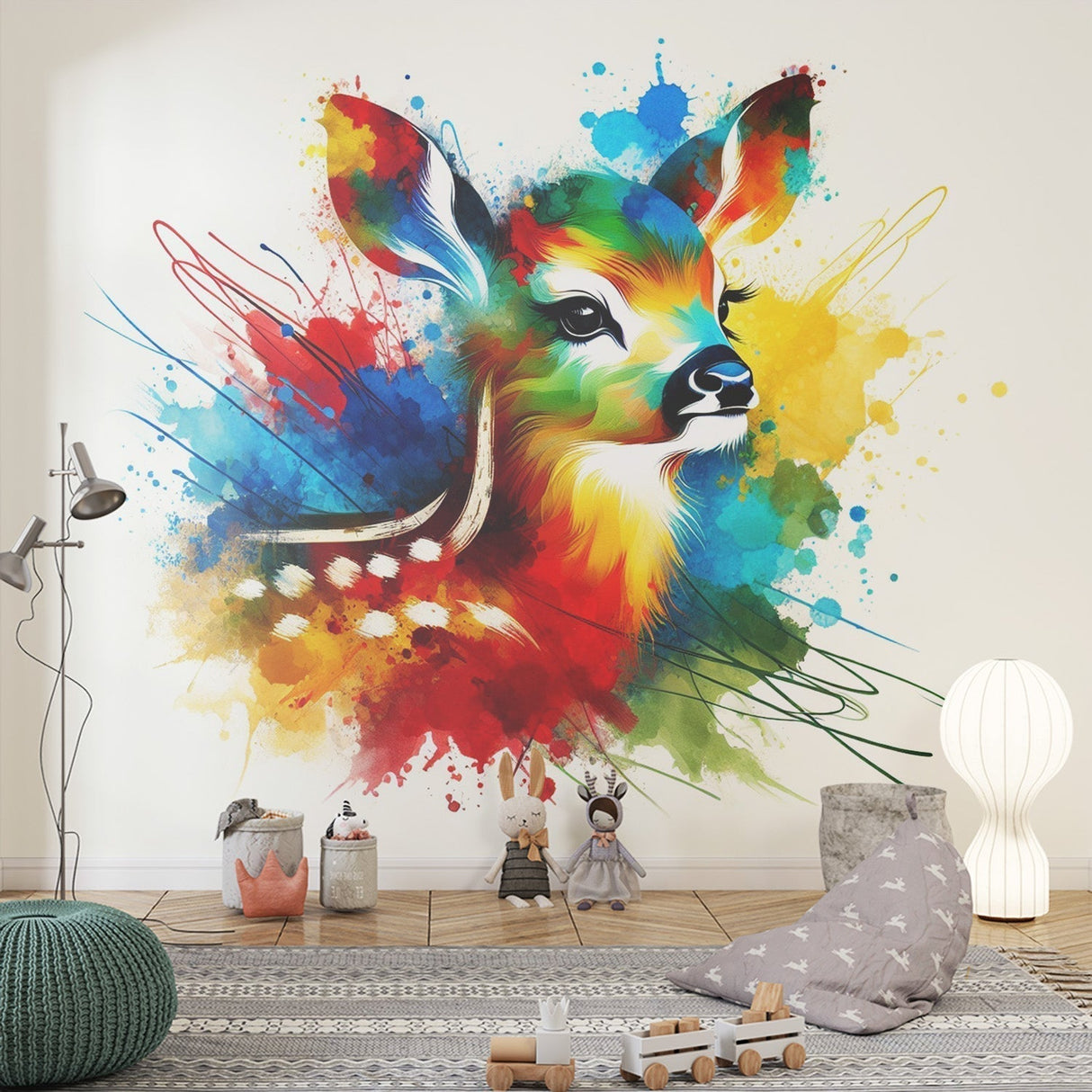 Watercolor deer mural wallpaper adding color and life to a modern living room, artistic forest animal design on feature wall