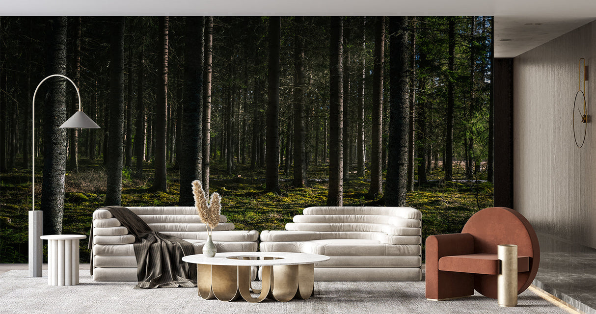 Pine forest wall mural adding natural touch to home office space