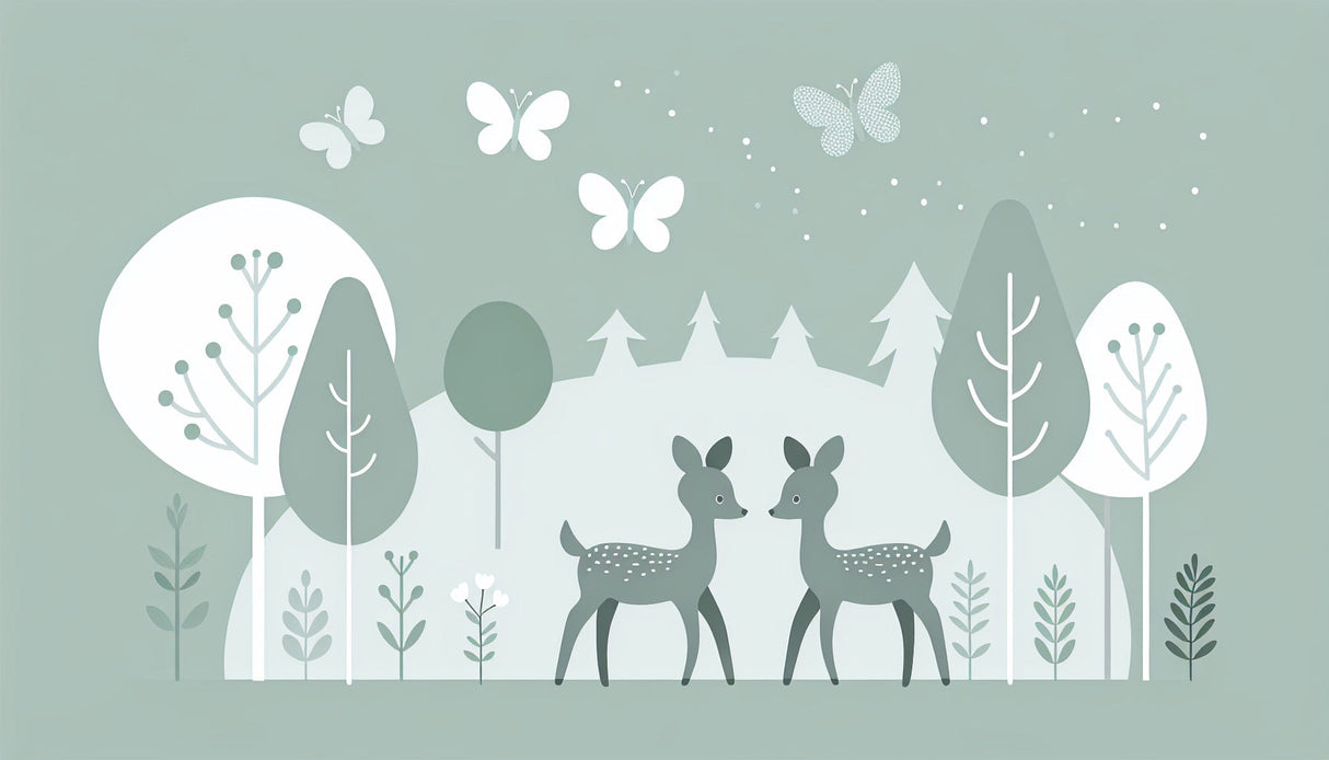 Forest animals wallpaper design file showing detailed deer and butterfly pattern in sage green