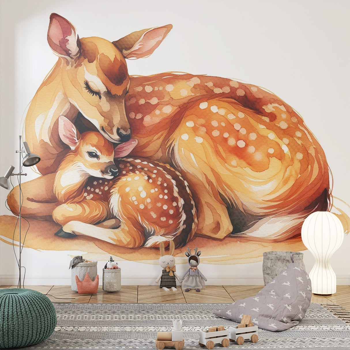 Forest animals wallpaper with deer family shown in a modern nursery setting, creating a peaceful atmosphere
