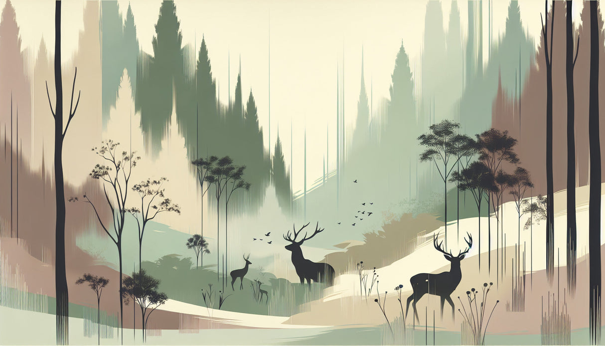 Forest mural wallpaper design file showing detailed deer silhouettes and misty woods pattern