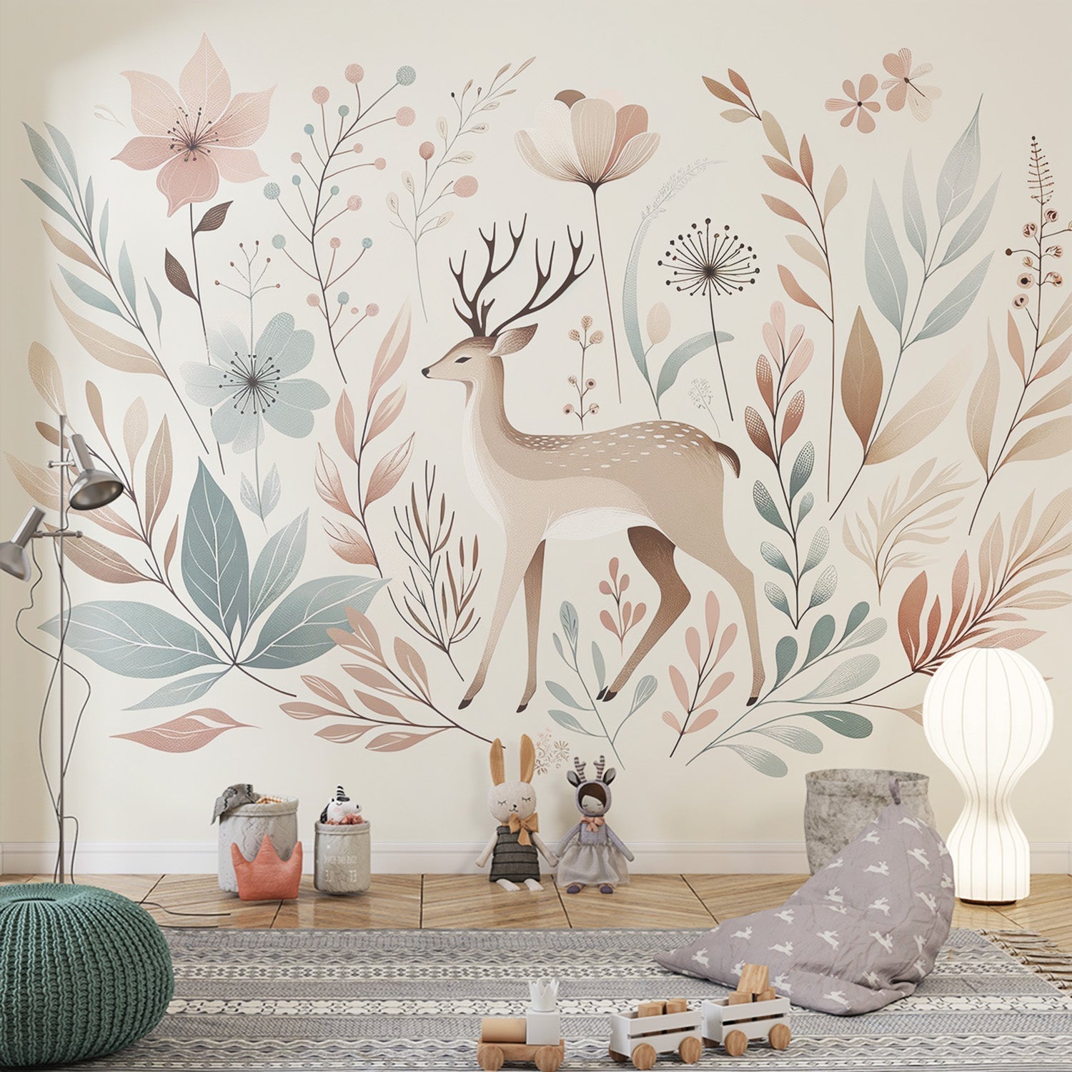 Forest deer wallpaper in a bright nursery with white furniture and soft pink accents
