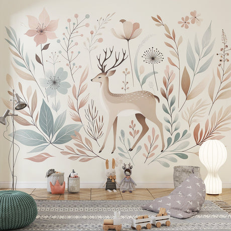 Forest deer wallpaper in a bright nursery with white furniture and soft pink accents