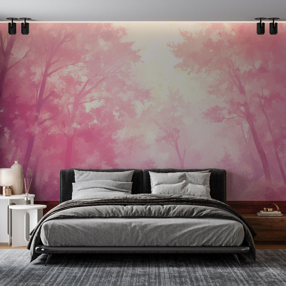 Pink forest wallpaper mural in a bright master bedroom creating a dreamy atmosphere