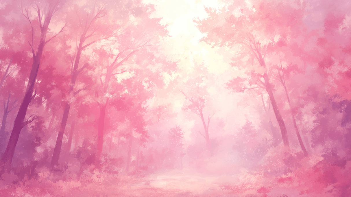 Misty pink forest mural in a modern living room with natural light