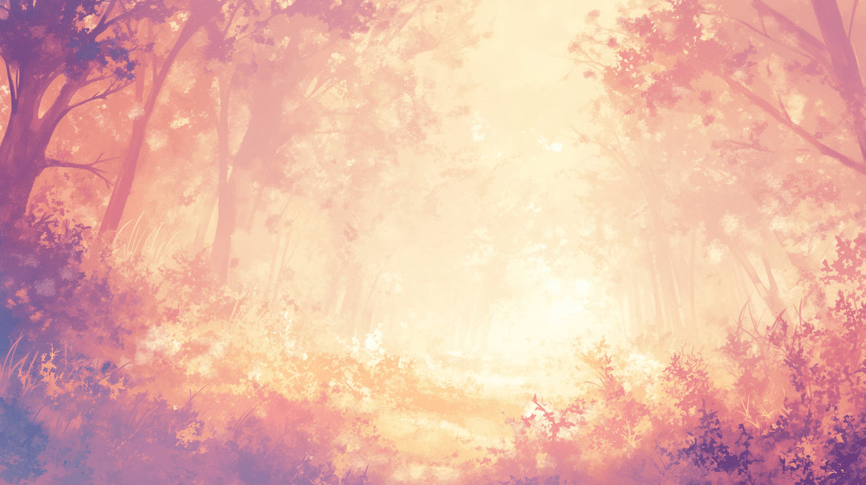 Pink forest sunrise wallpaper mural in modern bedroom, creating a peaceful morning atmosphere