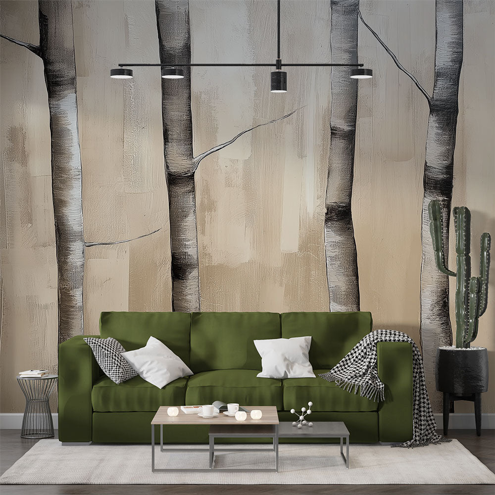 Birch tree wallpaper creating depth in a modern living room, black and white forest design adding natural charm
