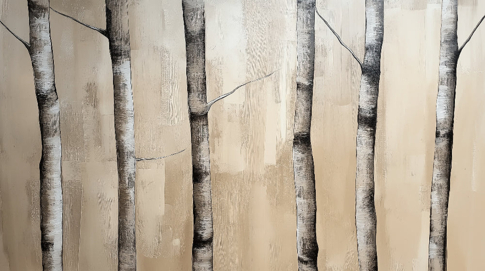 Elegant birch tree wallpaper design file showing detailed trunk silhouettes and branch patterns