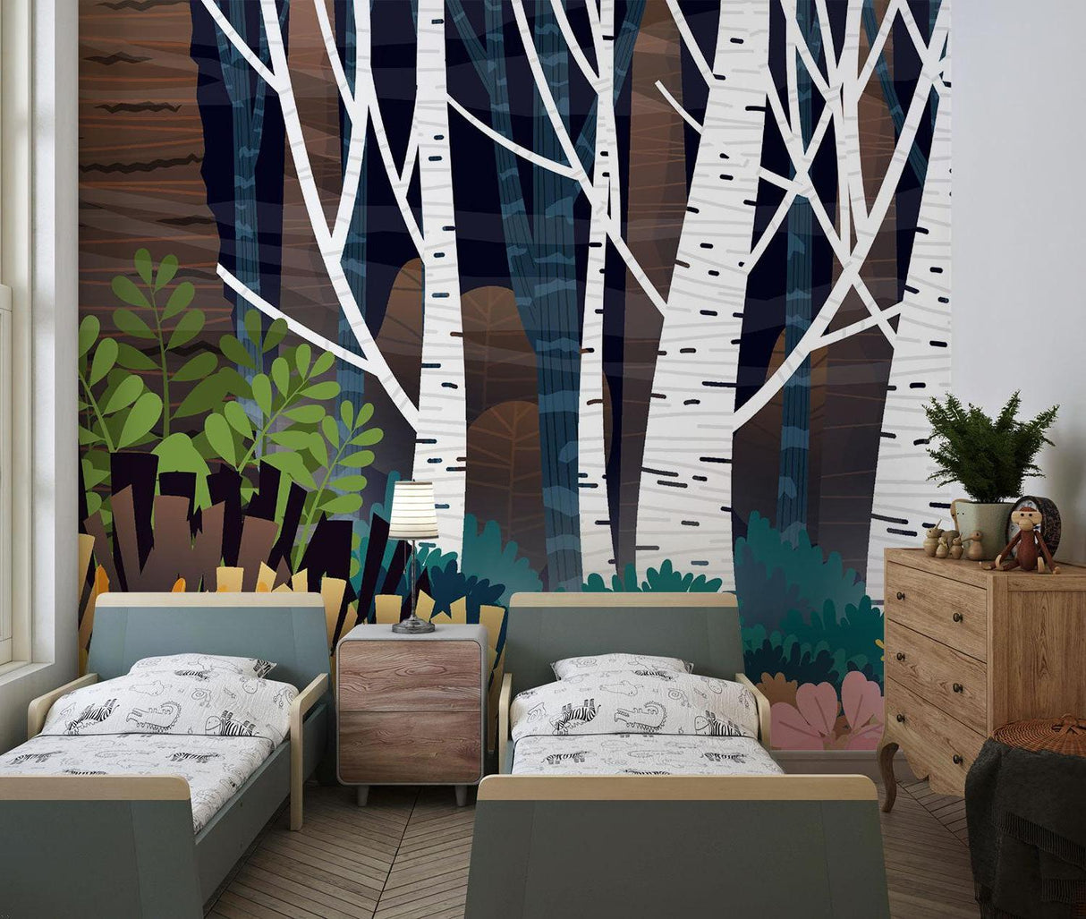 Night forest mural wallpaper in cozy bedroom setting with warm lighting