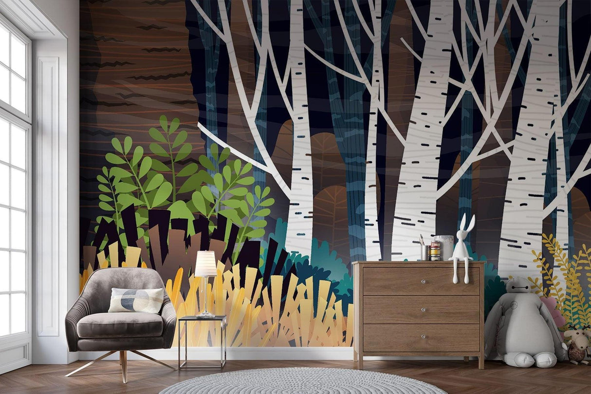 Enchanted forest wall mural in home office with minimal furniture