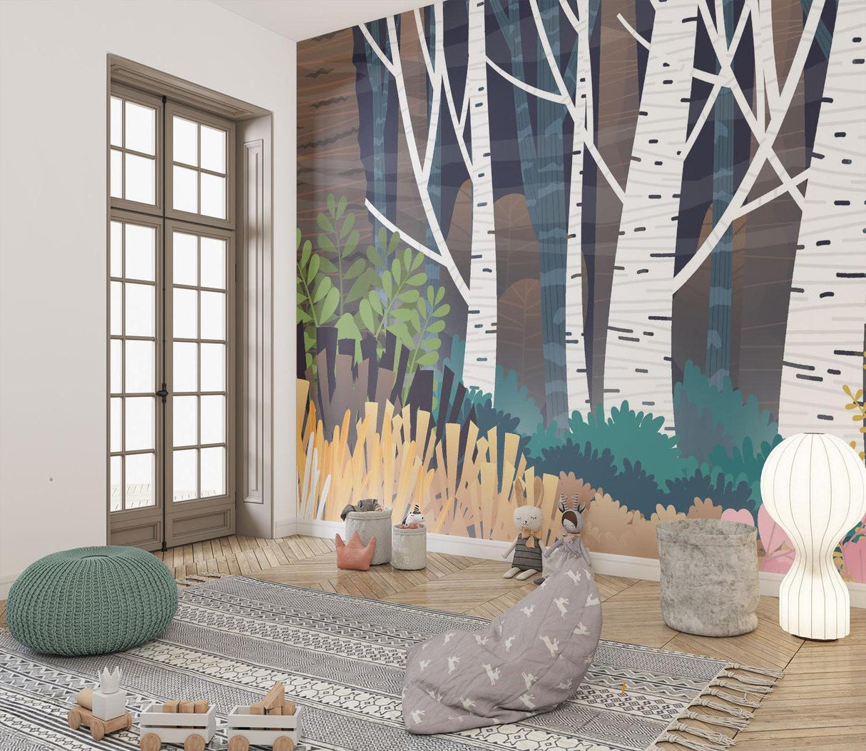 Birch tree wallpaper creating focal point in dining room with wooden table