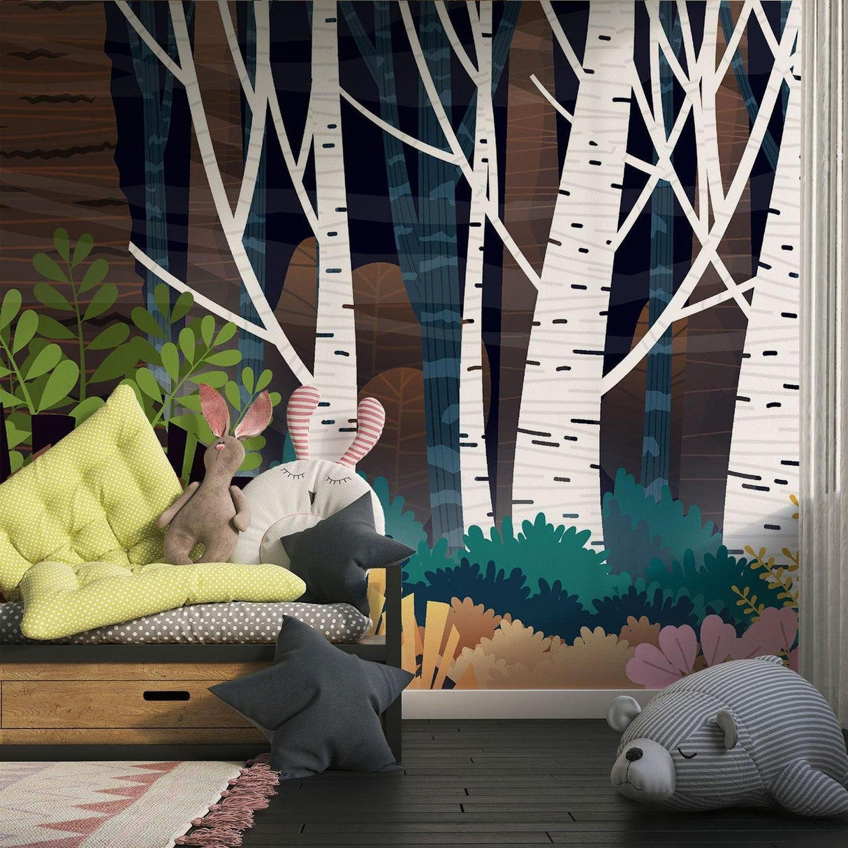 Forest mural adding depth to hallway with modern lighting