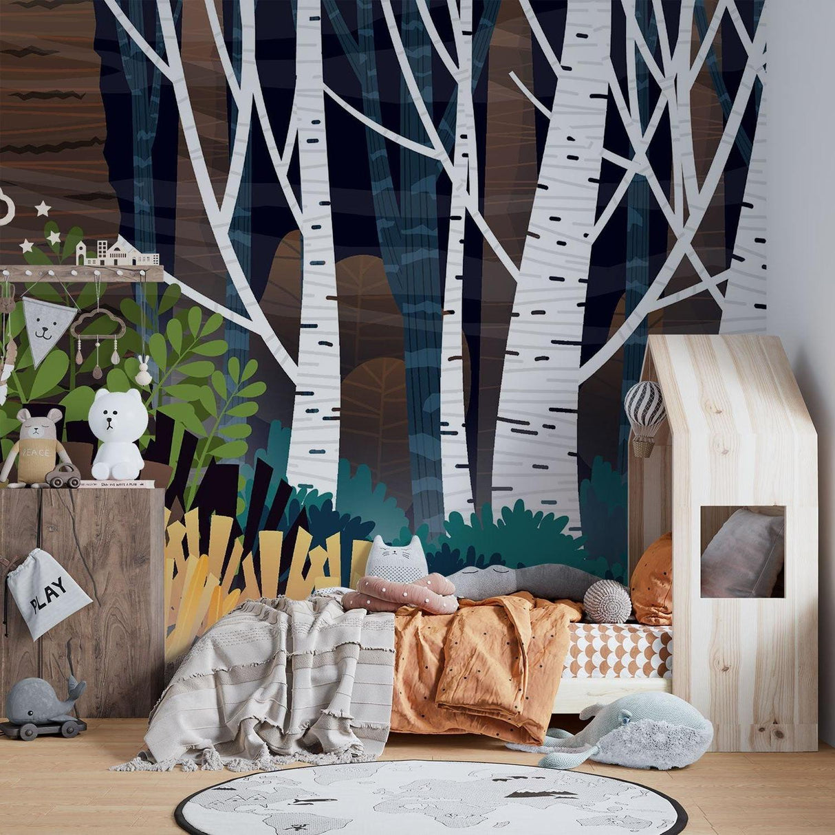 Night forest wallpaper in reading nook with comfortable chair