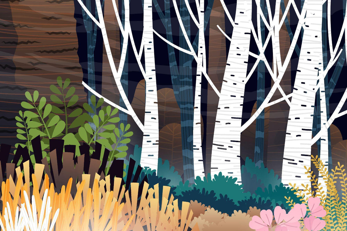 Enchanted birch forest night scene design file showing detailed tree patterns and navy background