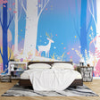 Forest animal wallpaper with white deer and pastel flowers in a bright nursery setting, creating a magical atmosphere