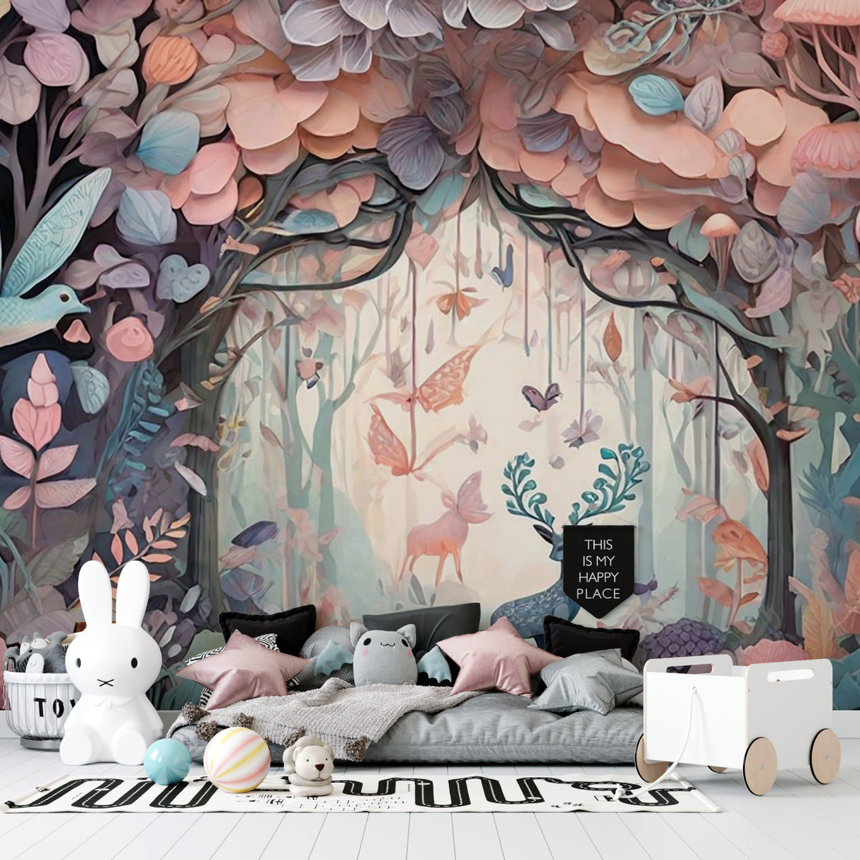 Enchanted forest wallpaper bringing magic to a cozy nursery with soft pink and mint tones