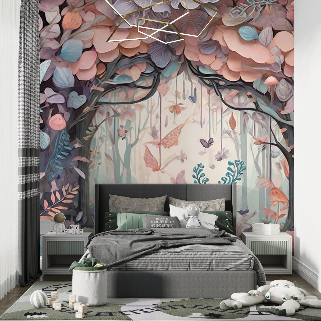 Magical forest mural creating depth in a child's reading nook with dancing butterflies