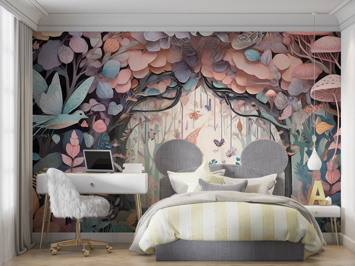 Fairy garden wallpaper transforming a bedroom with ethereal woodland scenes