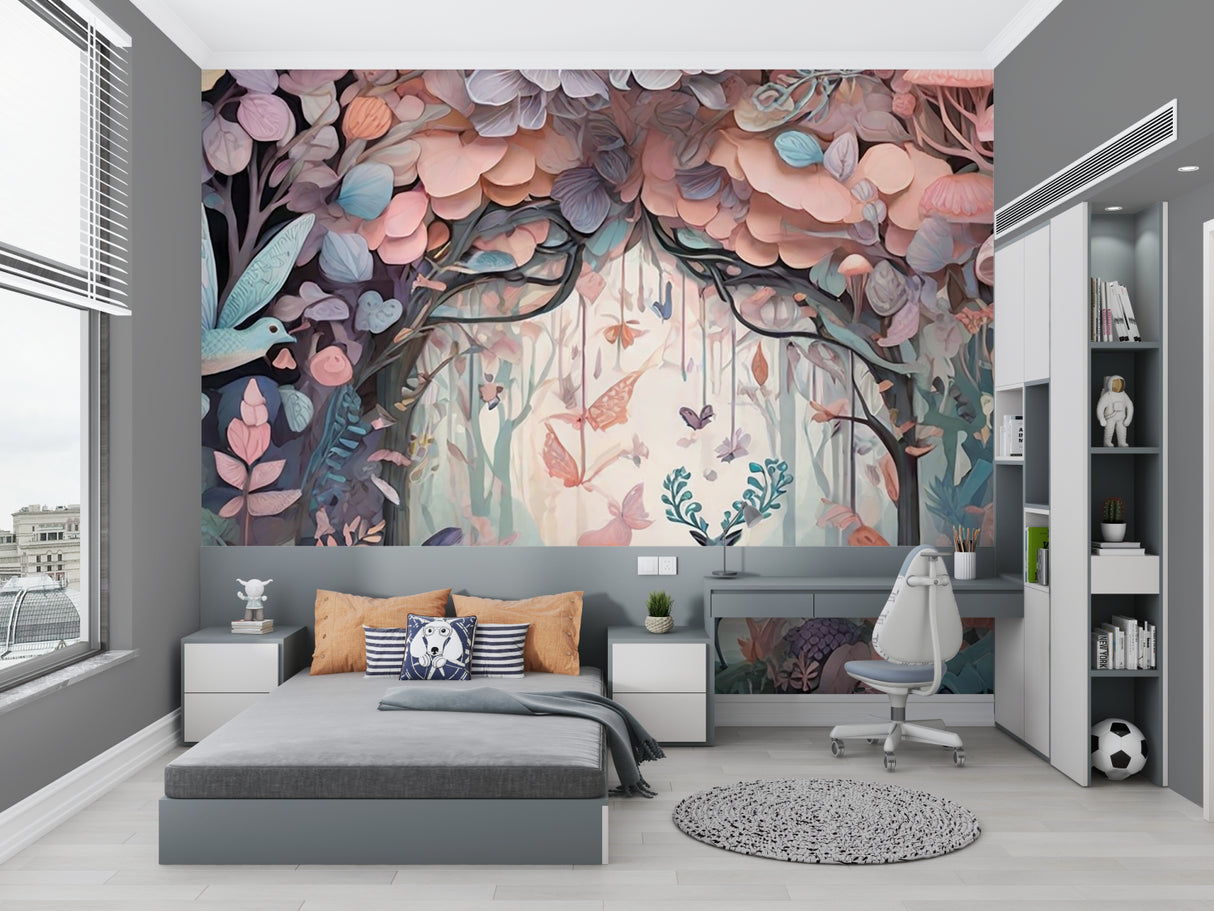 Enchanted garden mural adding whimsy to a playroom with gentle forest creatures