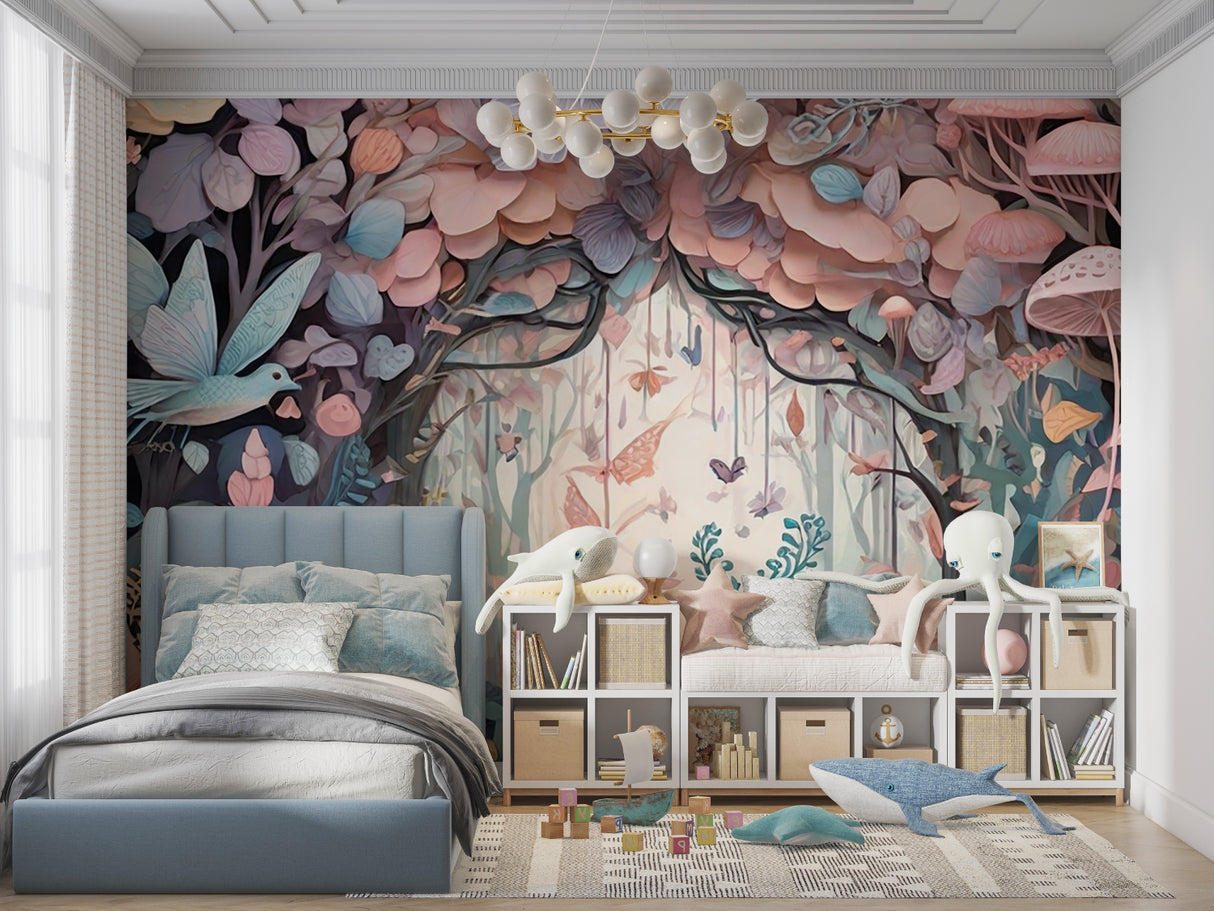 Butterfly forest wallpaper creating a dreamy atmosphere in a girl's bedroom