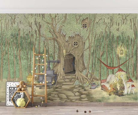 Magical tree house wallpaper in a cozy reading nook, showing round windows and hanging lanterns