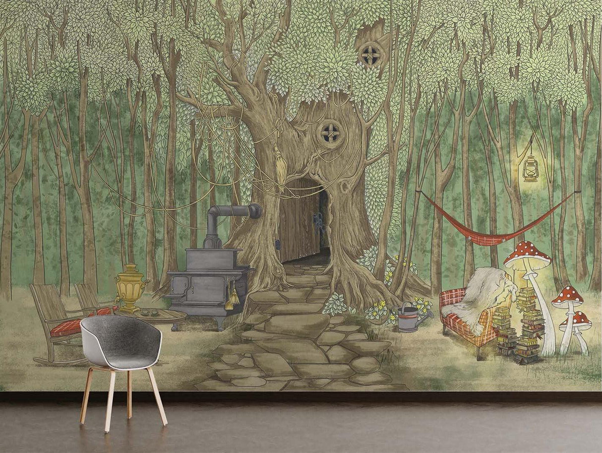 Enchanted forest wallpaper displayed in a modern kids bedroom with fairy lights