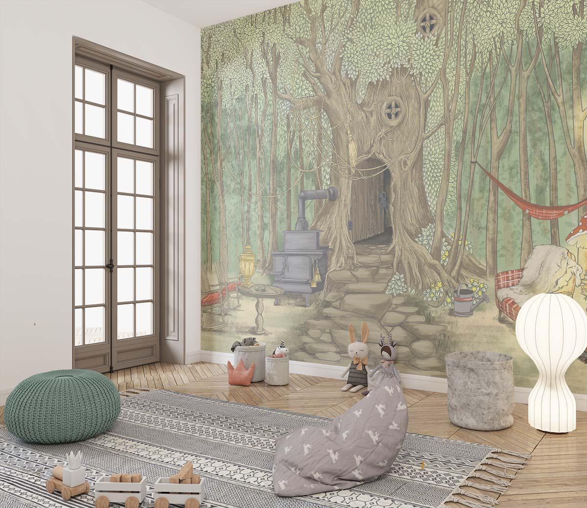 Tree house mural creating a magical atmosphere in a nursery setting