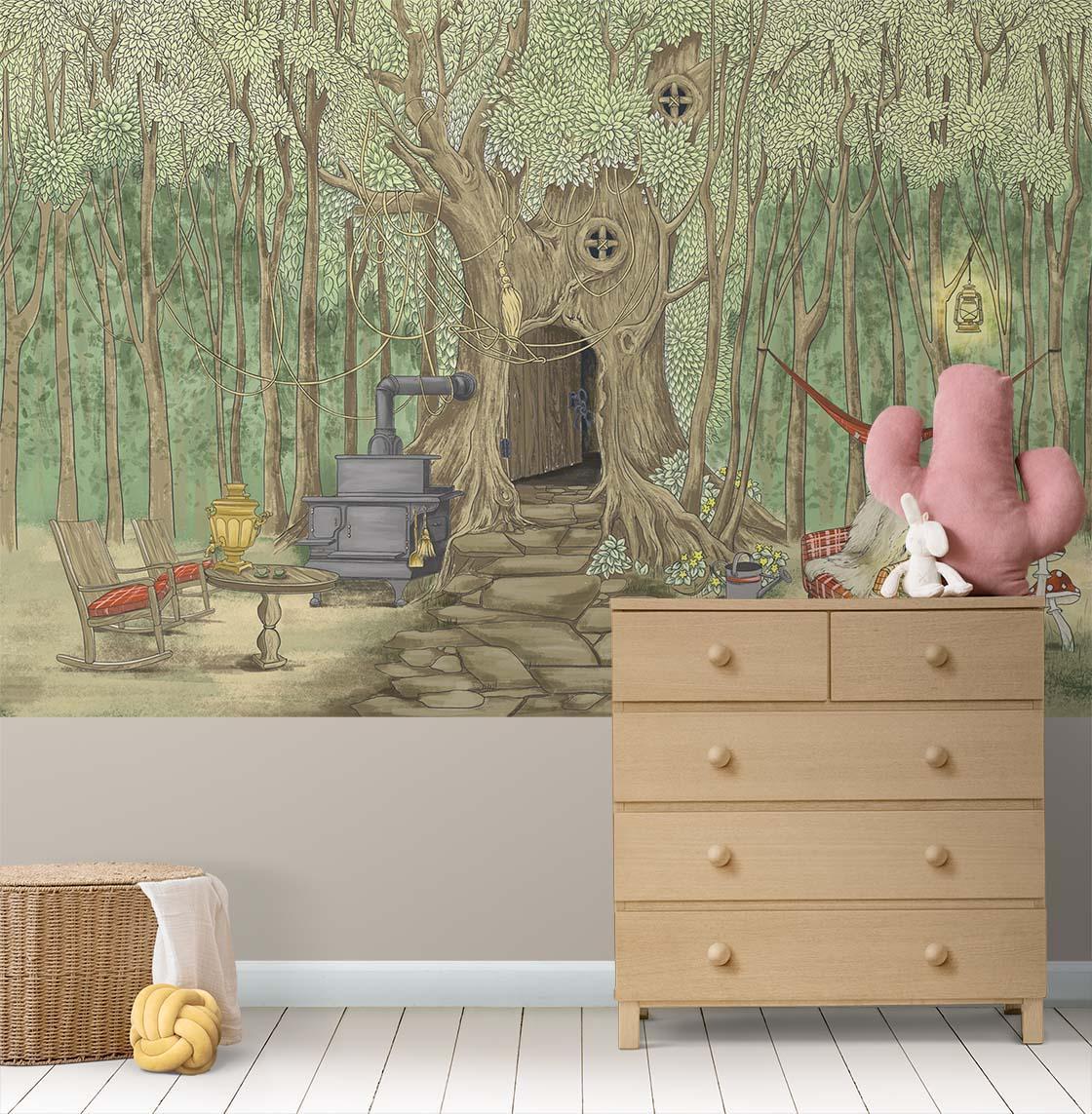 Woodland fantasy wallpaper bringing nature indoors in a playroom