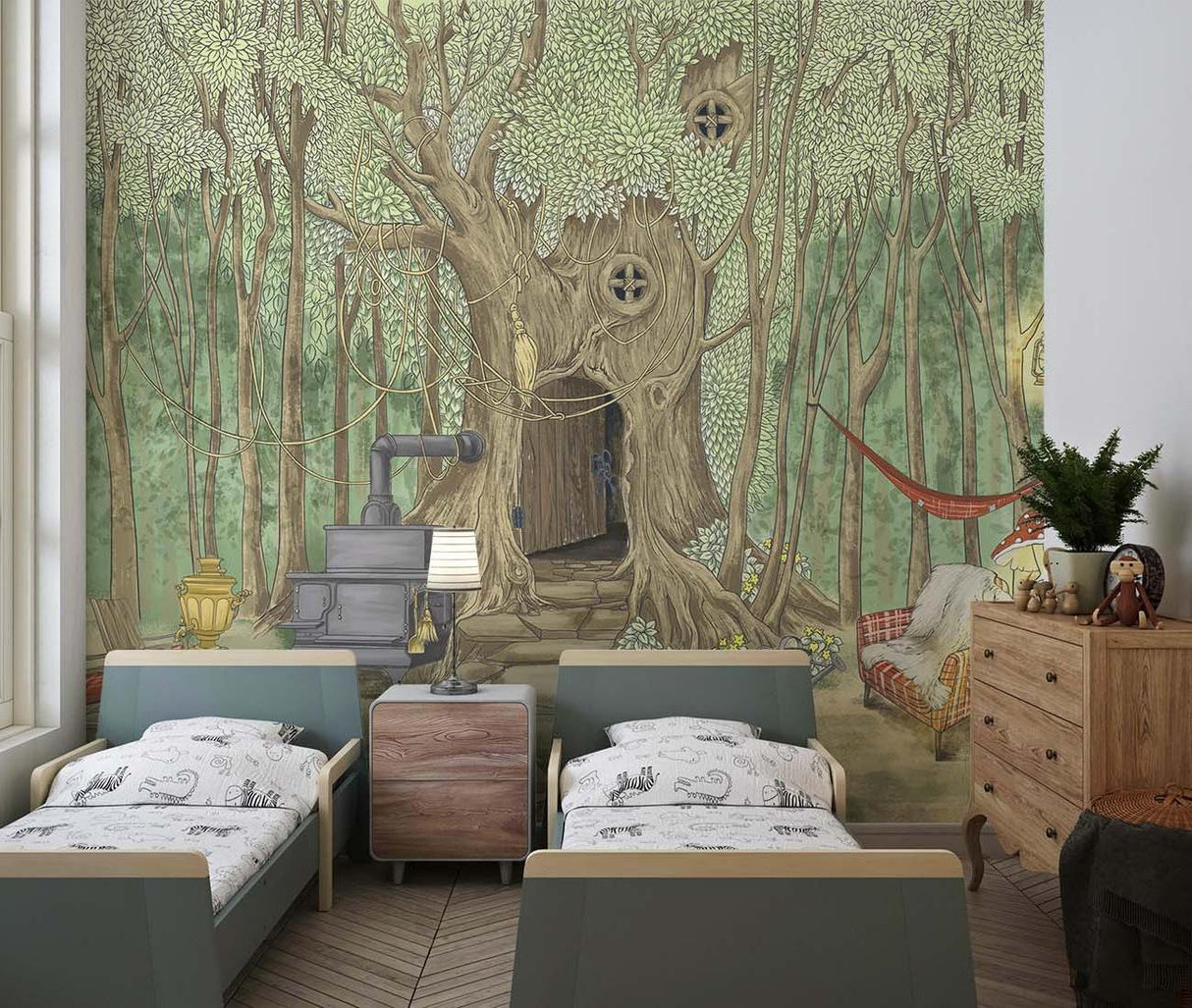 Forest tree house mural showcased in a child's study area