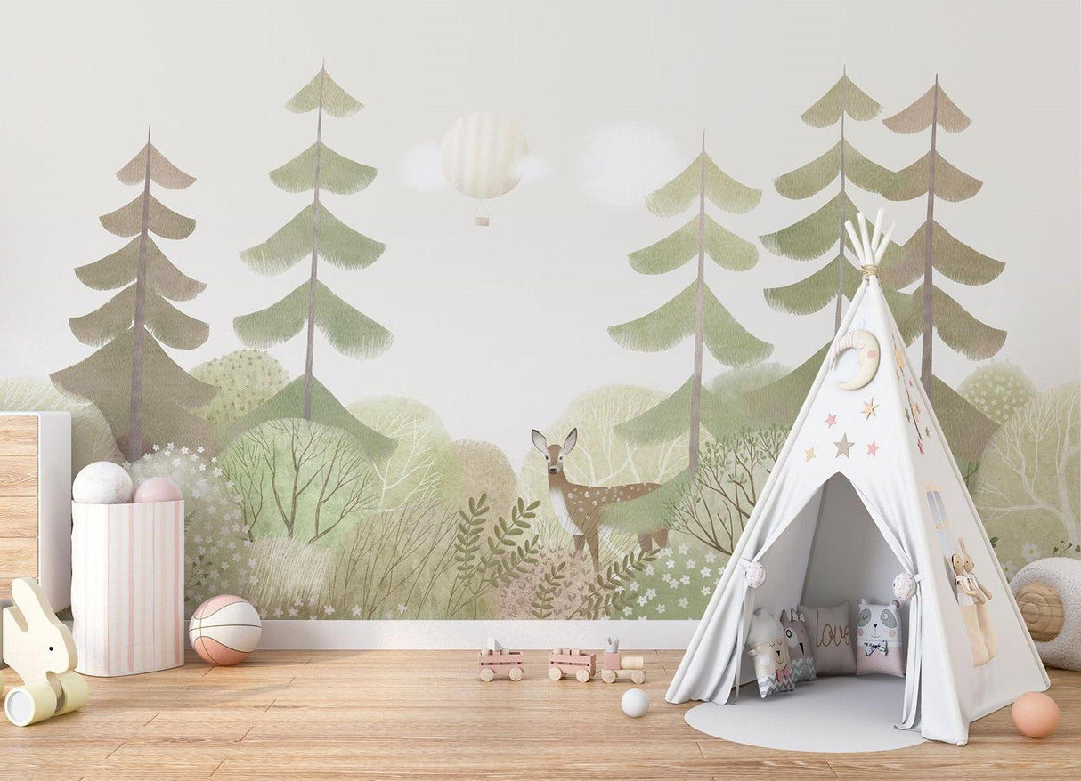 Forest animal wallpaper creating a cozy atmosphere in a modern nursery with natural light