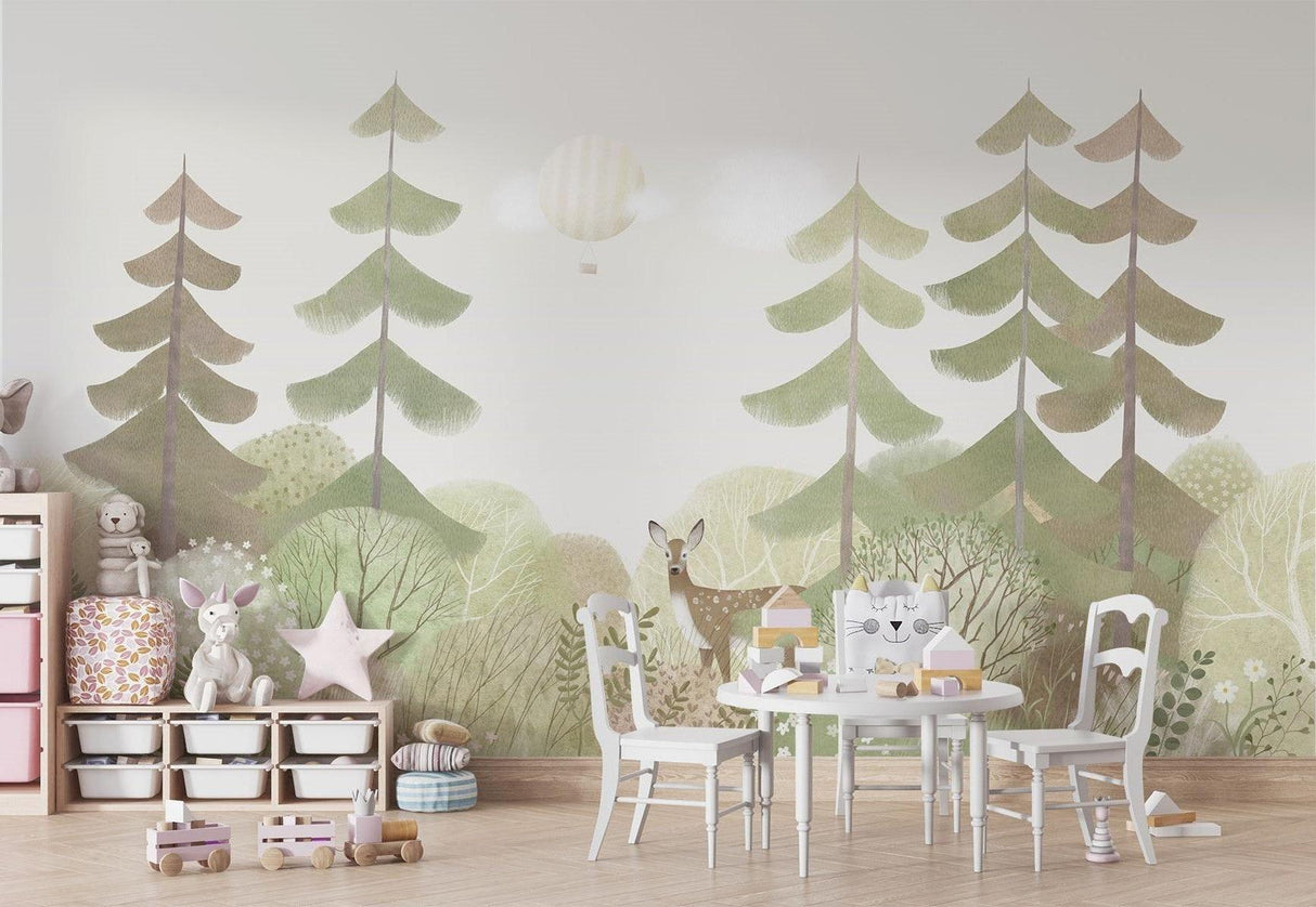 Woodland deer mural wallpaper transforming a child's reading nook with soft, natural tones