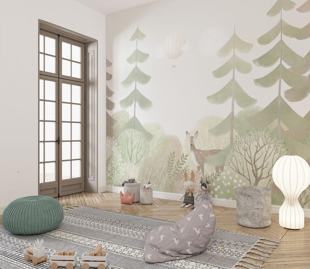 Forest wall mural showcased in a peaceful bedroom with morning light