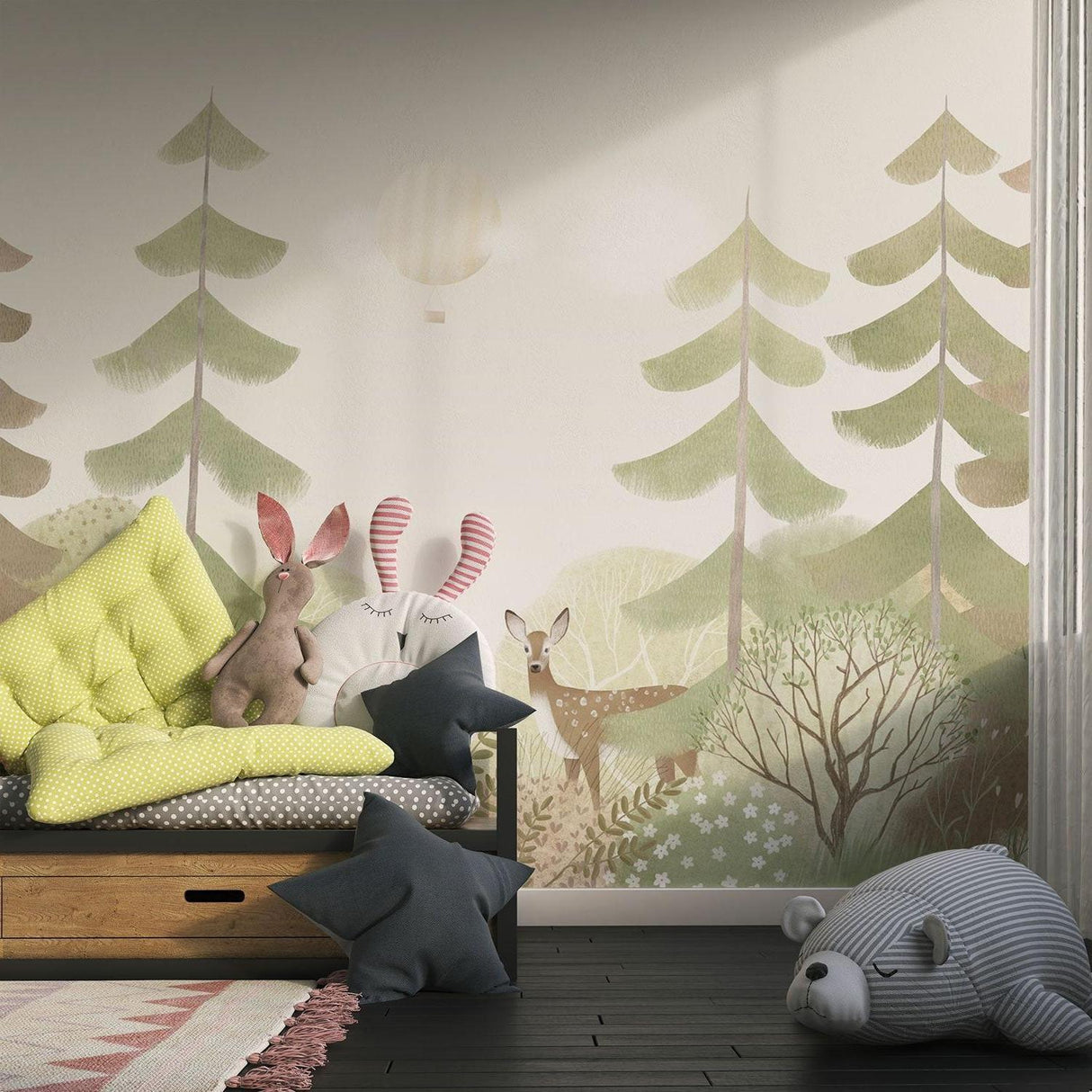 Forest mural with deer displayed in a Scandinavian-style playroom