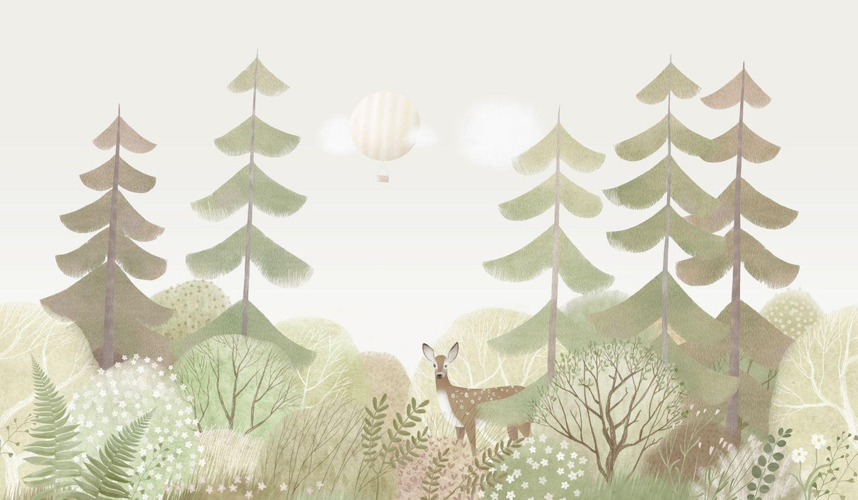 Design file of enchanted woodland wallpaper with deer and misty forest scene