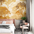 Forest wallpaper mural in modern living room showing golden autumn trees creating warm atmosphere