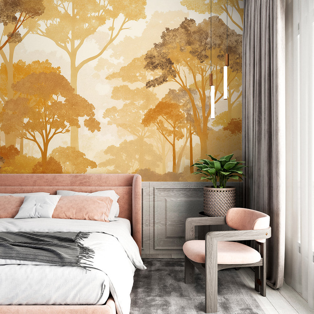 Forest wallpaper mural in modern living room showing golden autumn trees creating warm atmosphere