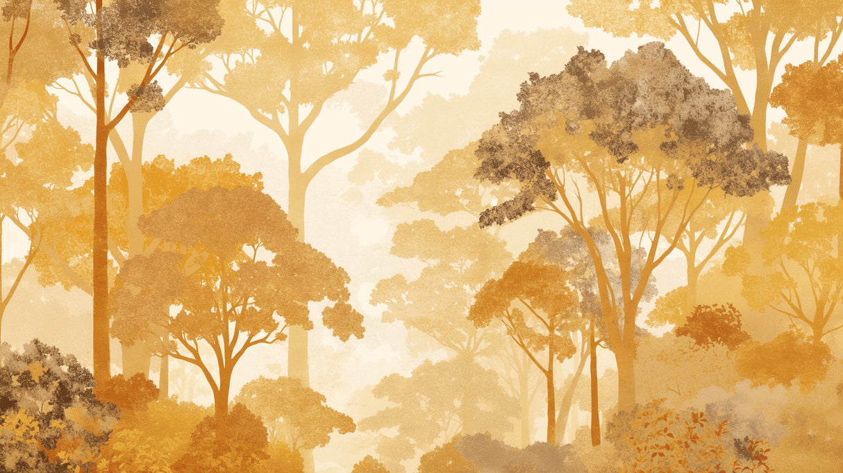 Golden forest wall mural in master bedroom with natural light highlighting autumn colors