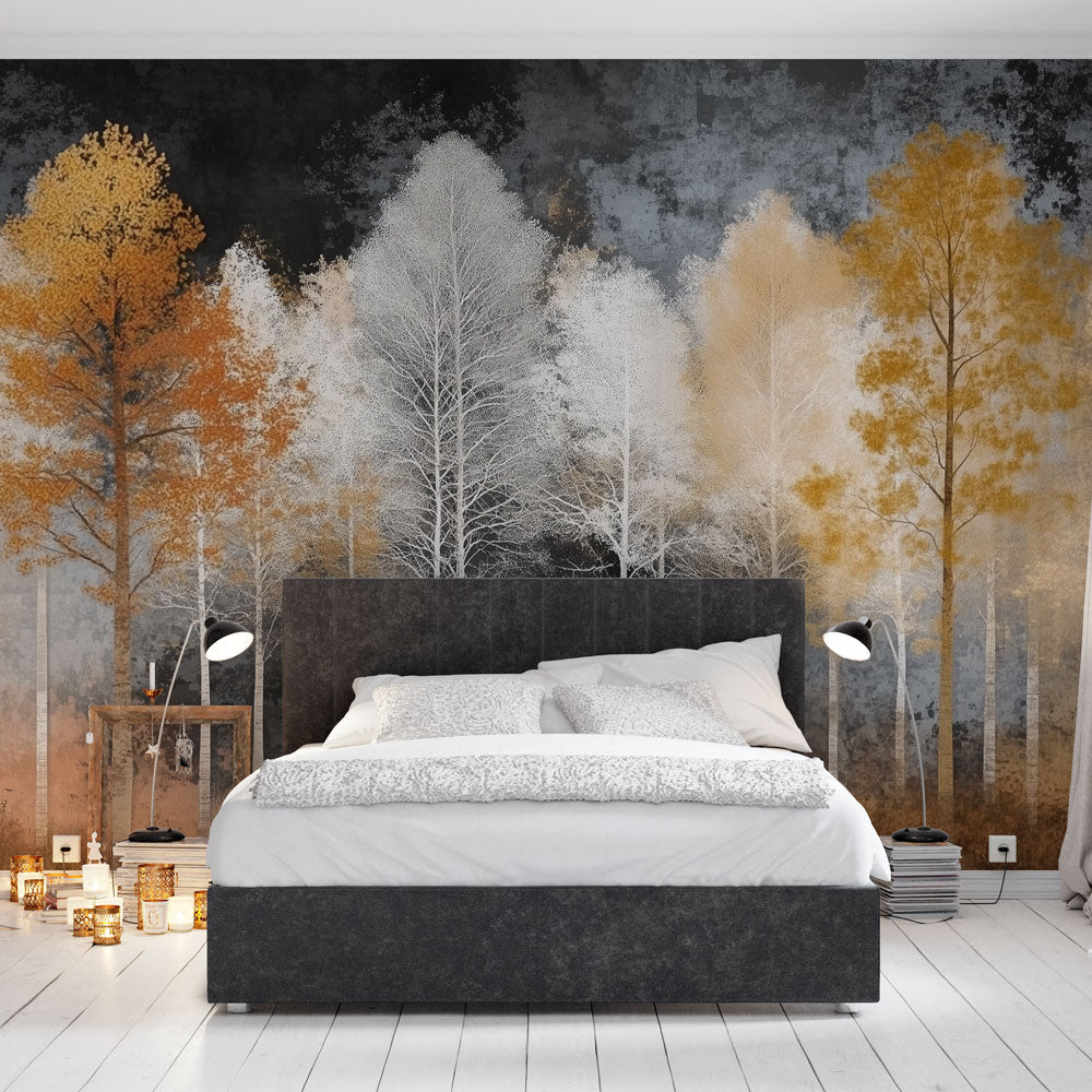 Golden Autumn Forest Mural Wallpaper creating a cozy atmosphere in a modern living room with natural light