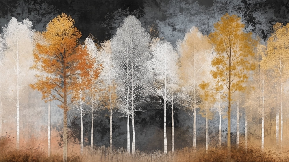 Forest Mural Wallpaper design file showing detailed white birch trees and golden autumn leaves pattern