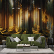 Forest mural wallpaper with golden sunlight creates depth in modern living room, sunbeams filtering through pine trees