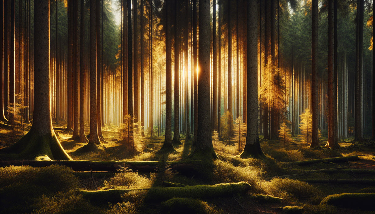 Forest wallpaper design file showing detailed pine trees with golden sunlight rays pattern