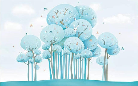 Design file of magical blue forest pattern with dancing butterflies and rounded treetops