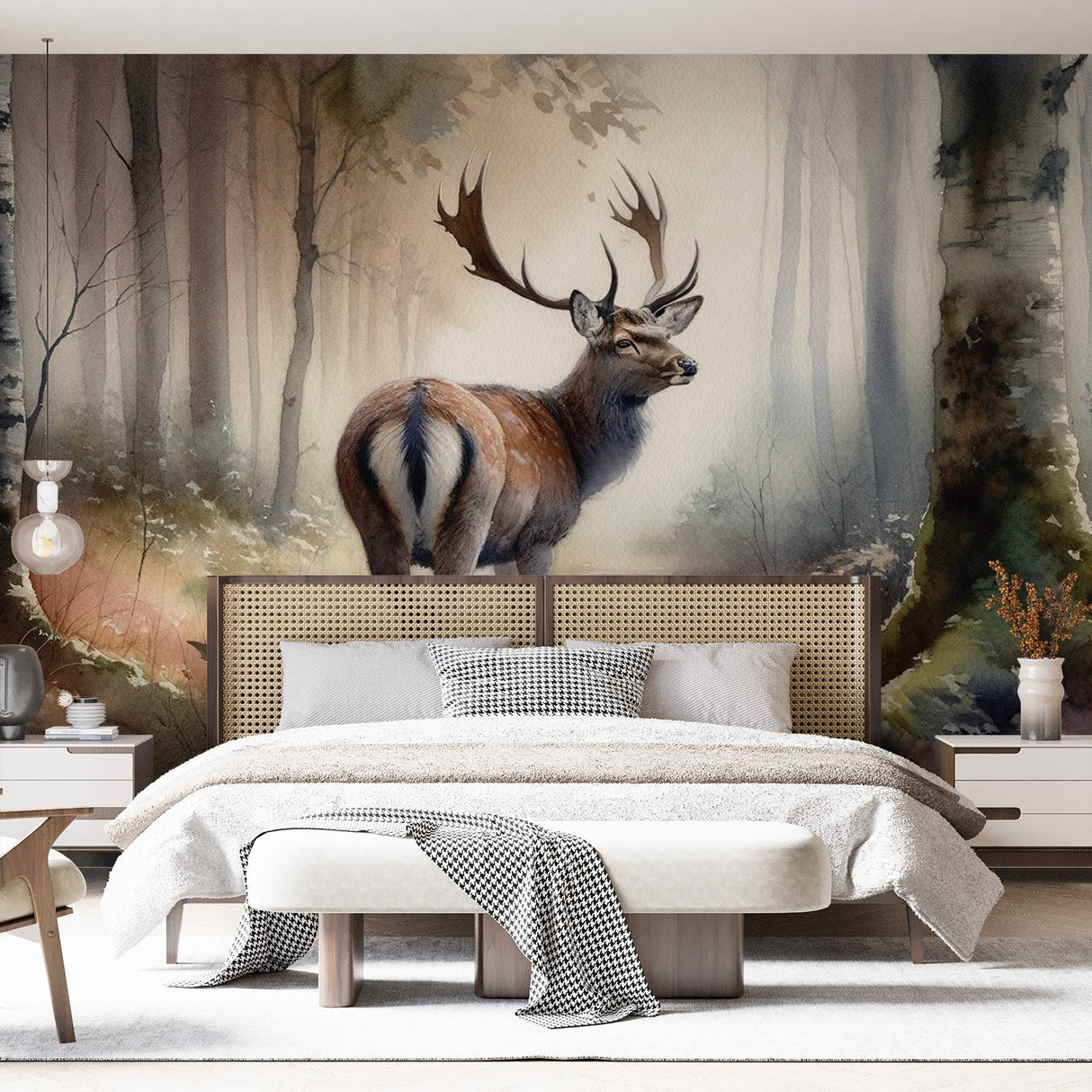 Forest deer wallpaper creating depth in a modern living room, soft morning light filtering through windows