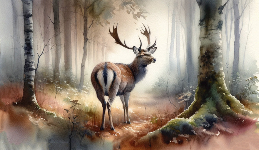 Majestic deer forest wallpaper design file showing full misty woodland pattern