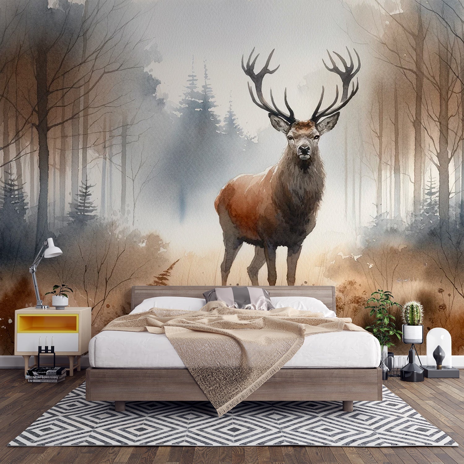 Forest deer wallpaper creating a peaceful atmosphere in a modern living room with natural light