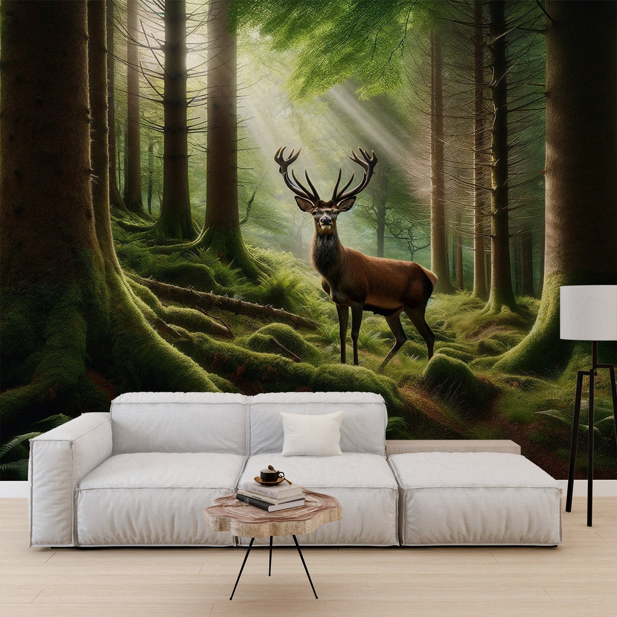 Forest deer wallpaper mural in a bright living room setting, showing how the sunlit woodland scene adds depth and nature