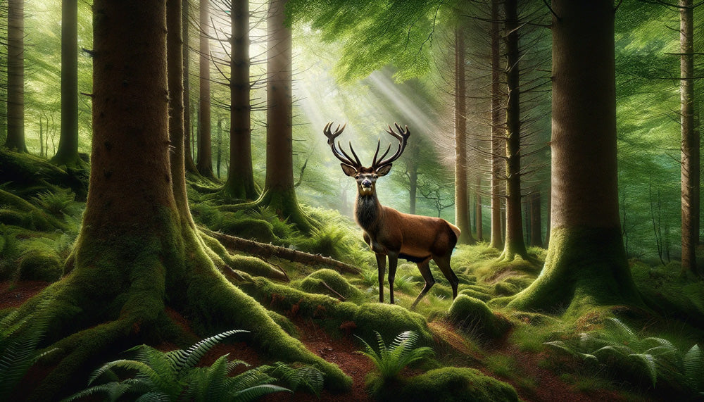 Forest deer wallpaper design file showing detailed woodland scene with majestic stag in morning light