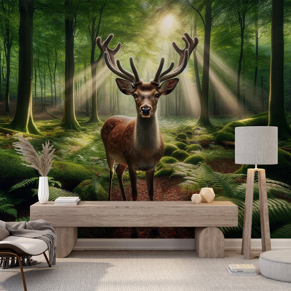 Forest deer wall mural displayed in a bright living room, showing the stunning effect of natural light on the design