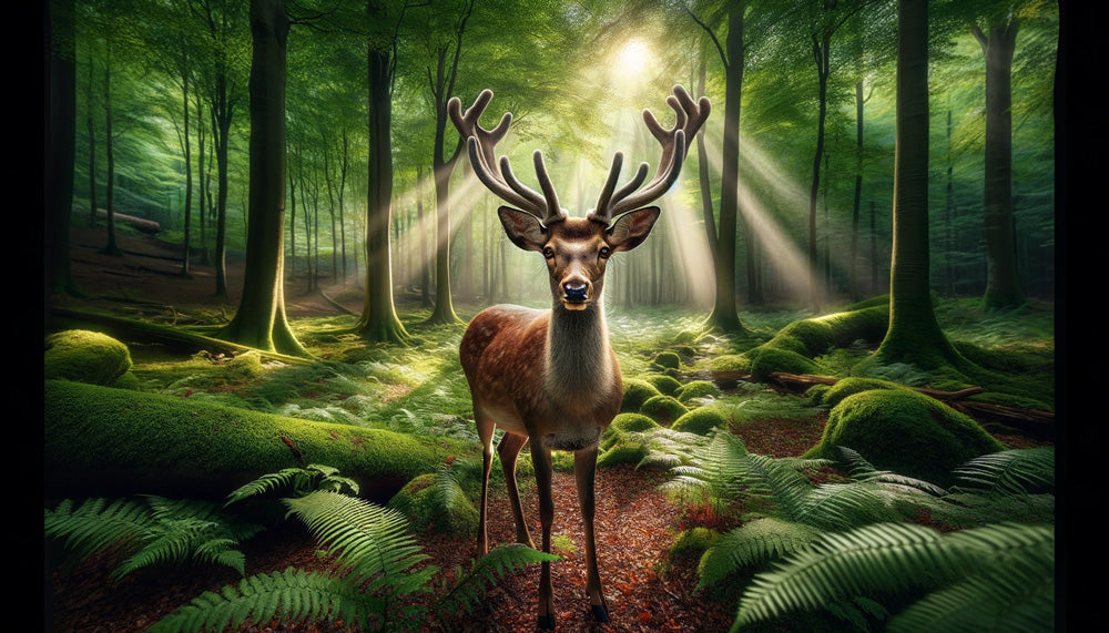 Majestic deer forest wallpaper design file with detailed sunlit woodland scene