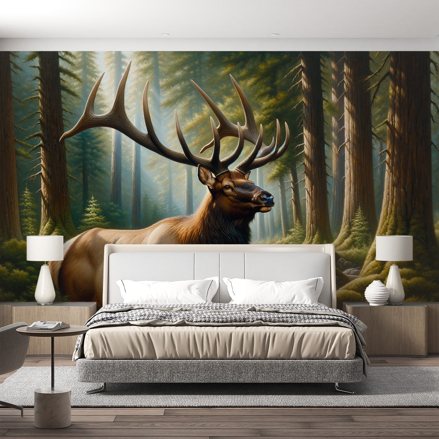 Forest wildlife wallpaper with majestic elk shown in a modern living room, creating a stunning nature focal point